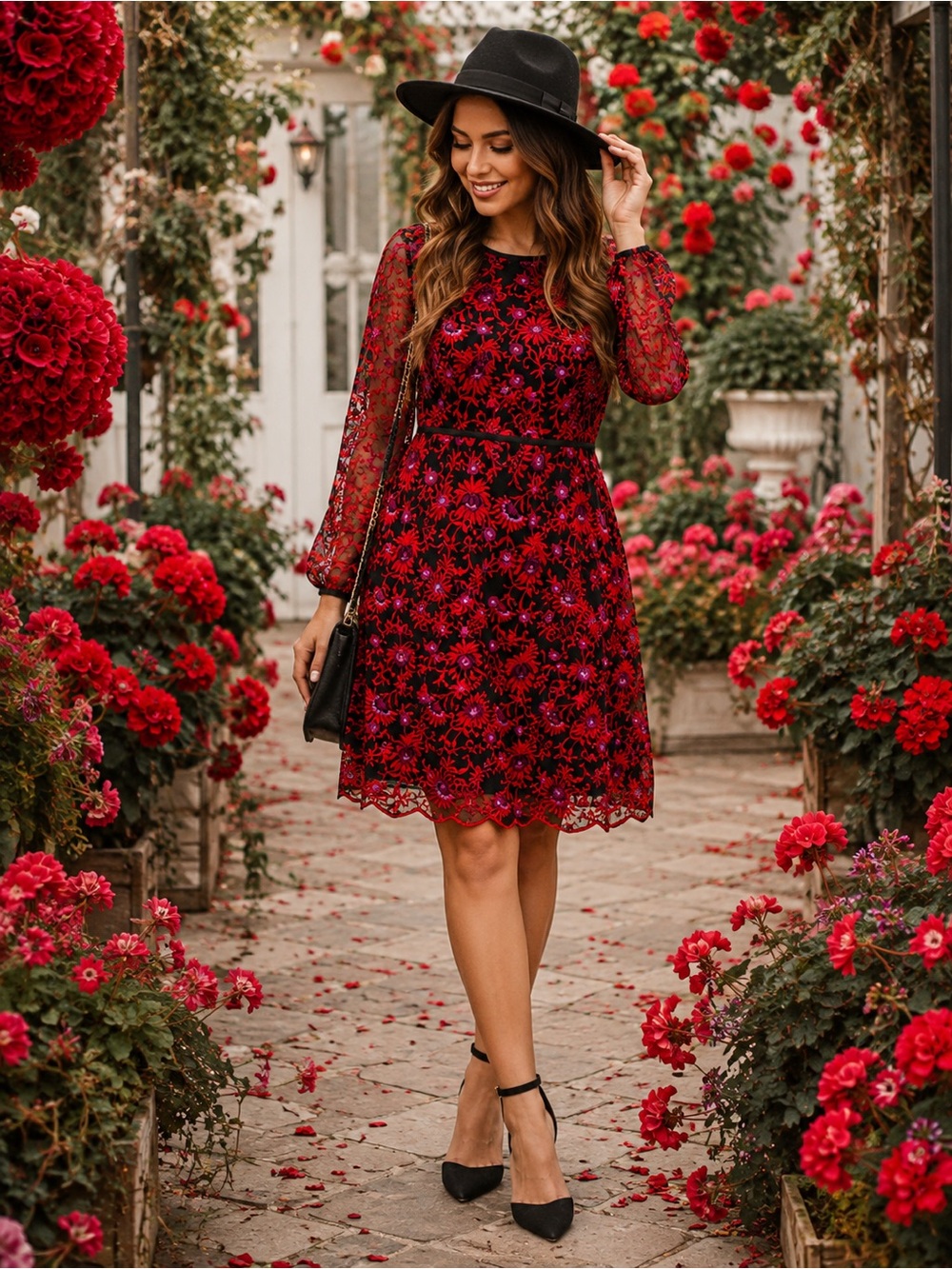 Adrianna Papell 14W Plus Size Black Red Floral Embroidered Lace Dress NWOT